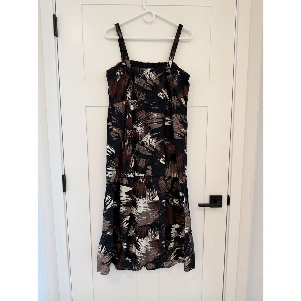 ANA A New Approach Brown Black Abstract Print Ruffle Tiered Midi Dress Large - Picture 4 of 6